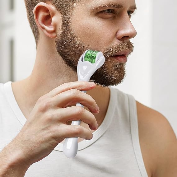 Derma Roller Beard Roller 540, Titanium Micro Needling Roller Microneedle Roller for Men Women Home Use 0.25mm (White handle+ Green Roller)