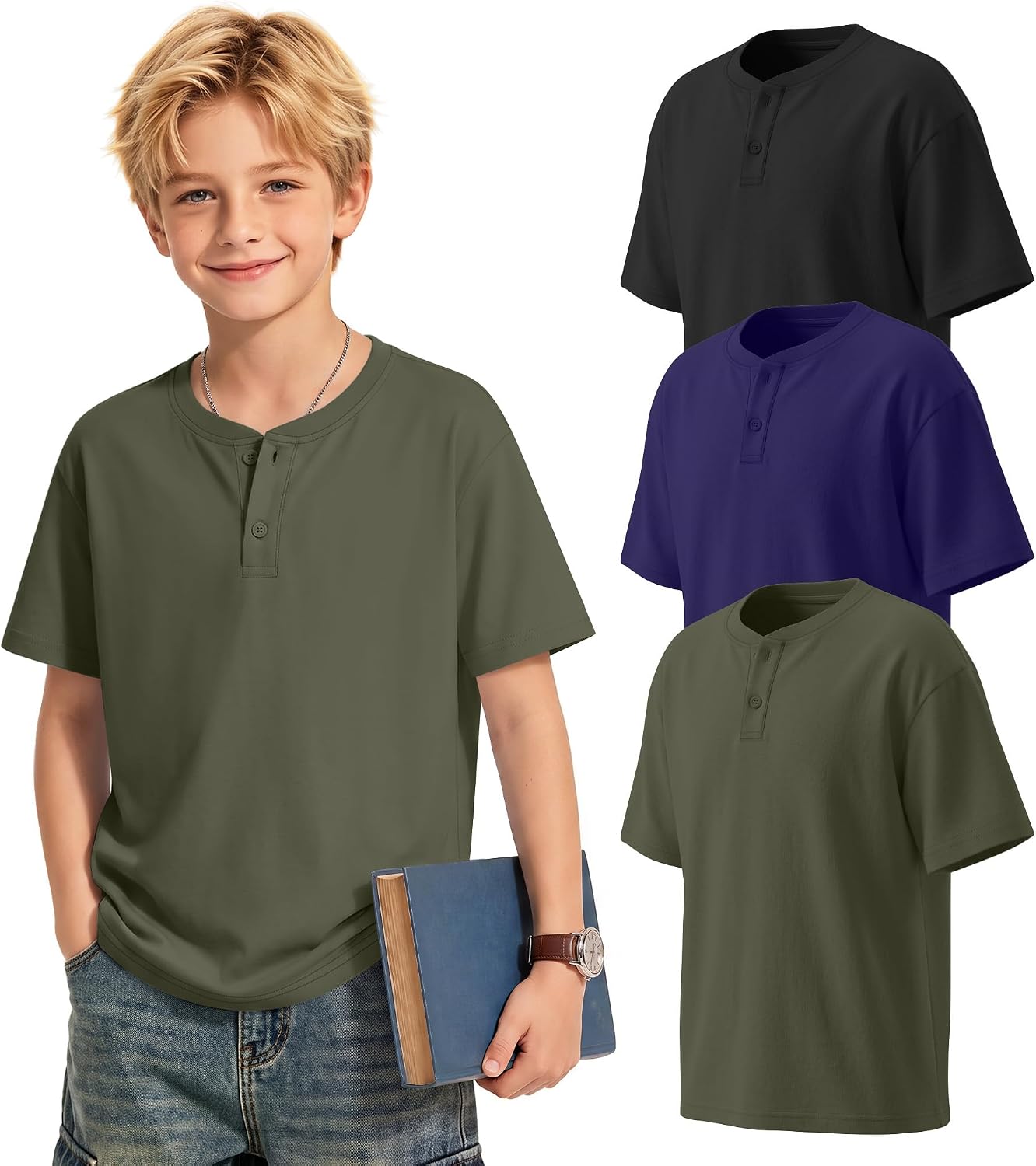 3 Pack Boys Henley Short Sleeve Shirts