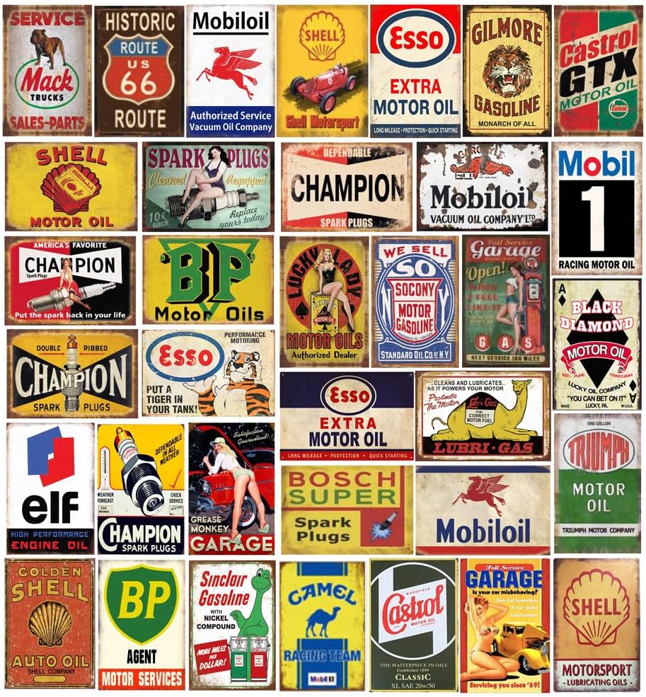 35 Pieces Reproduced Vintage Tin Signs, Gas Oil Retro Advert Antique Metal Signs for Garage Man Cave Bar Kitchen, Nostalgic Car Decor.8x12 Inch (35pcs vintage gas 1)