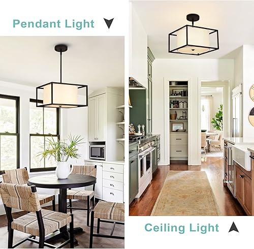 Miniatura 2 de Lámpara de techo moderna semiempotrada, lámpara industrial cerca del techo con pantalla de tambor de tela, marco de metal negro, lámparas colgantes
