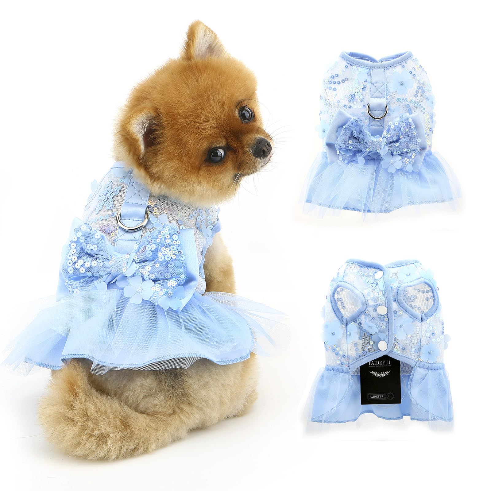 PAIDEFUL Dog Dress,Luxury Bow Princess Tutu Dresses for Girl Dogs Cute Fashion Mesh Pet Skirt with Sequins Flower Cat Puppy Clothes Wedding Party Outfits Chihuahua Apparel Button up D-ring,Blue,M
