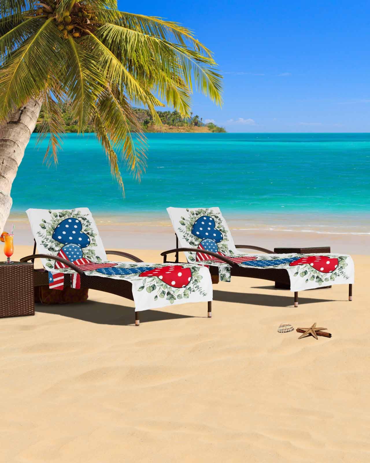 4th of July Love Beach Chair Cover with Side Pockets, Microfiber & Quick Dry Pool Chaise Lounge Chair Towels Covers for Sun Sunbathing Patio Garden Hotel, Botanical Eucalyptus Red Blue Star Stripe