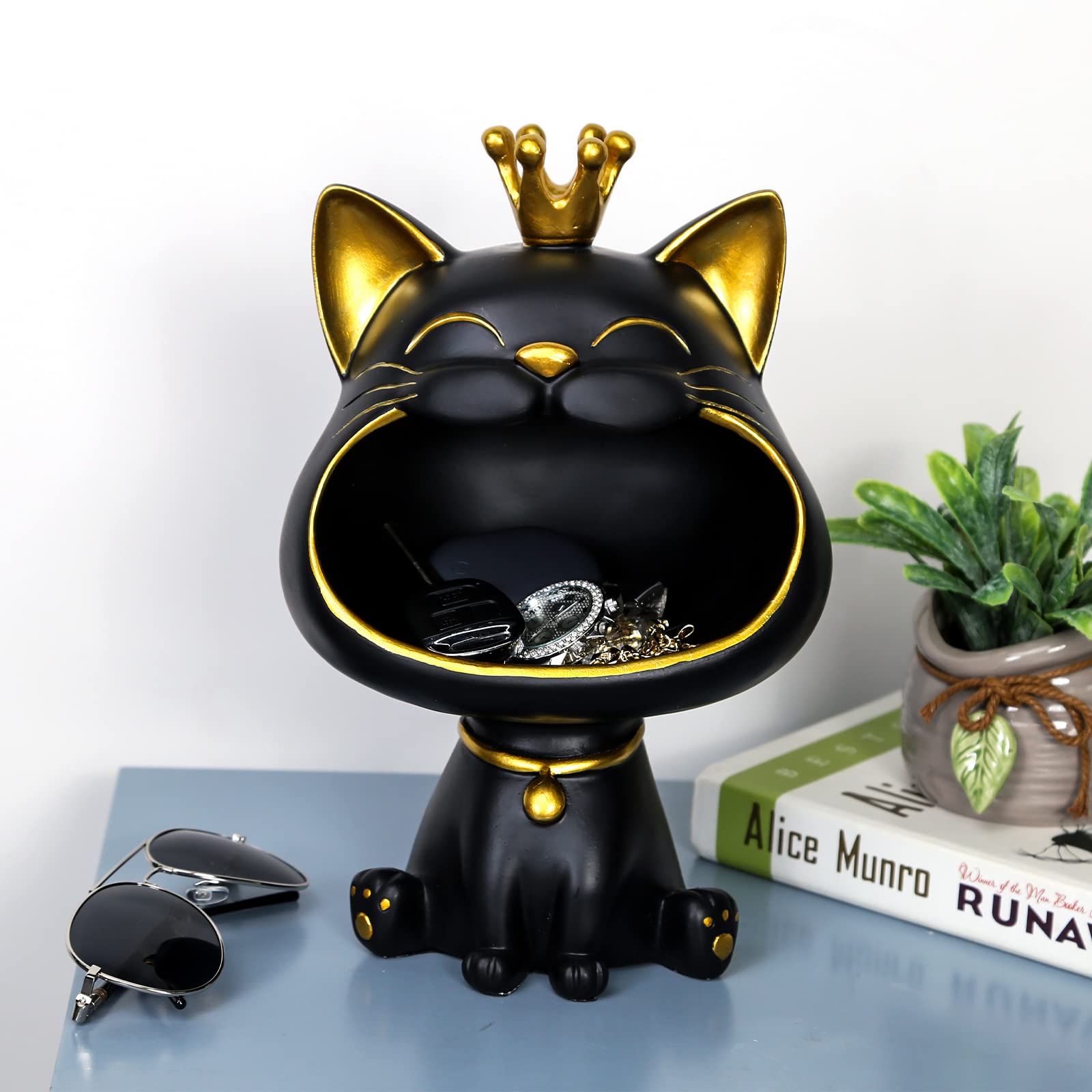 FIALAME Key Bowl for Entryway Table, Lucky Cat Statue Candy Dish for Office Desk Art Home Decor (A - Black)