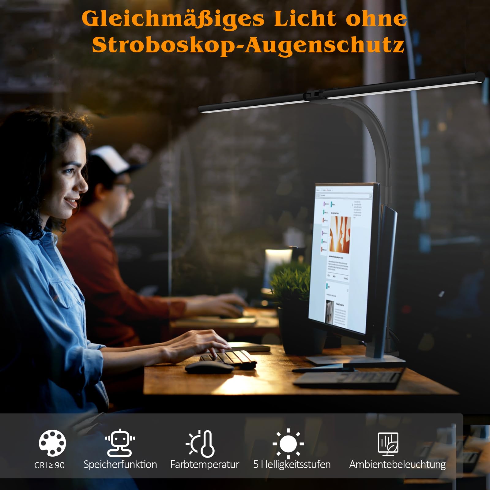tantu Doppelkopf Schreibtischlampe LED dimmbar,24W 80CM Schreibtischlampen klemmbar,5 Farb 5 Helligkeitsstufen Tageslichtlampe Schreibtisch,Verstellbarer Schwanenhals Bürolampe Augenschutz (grau)