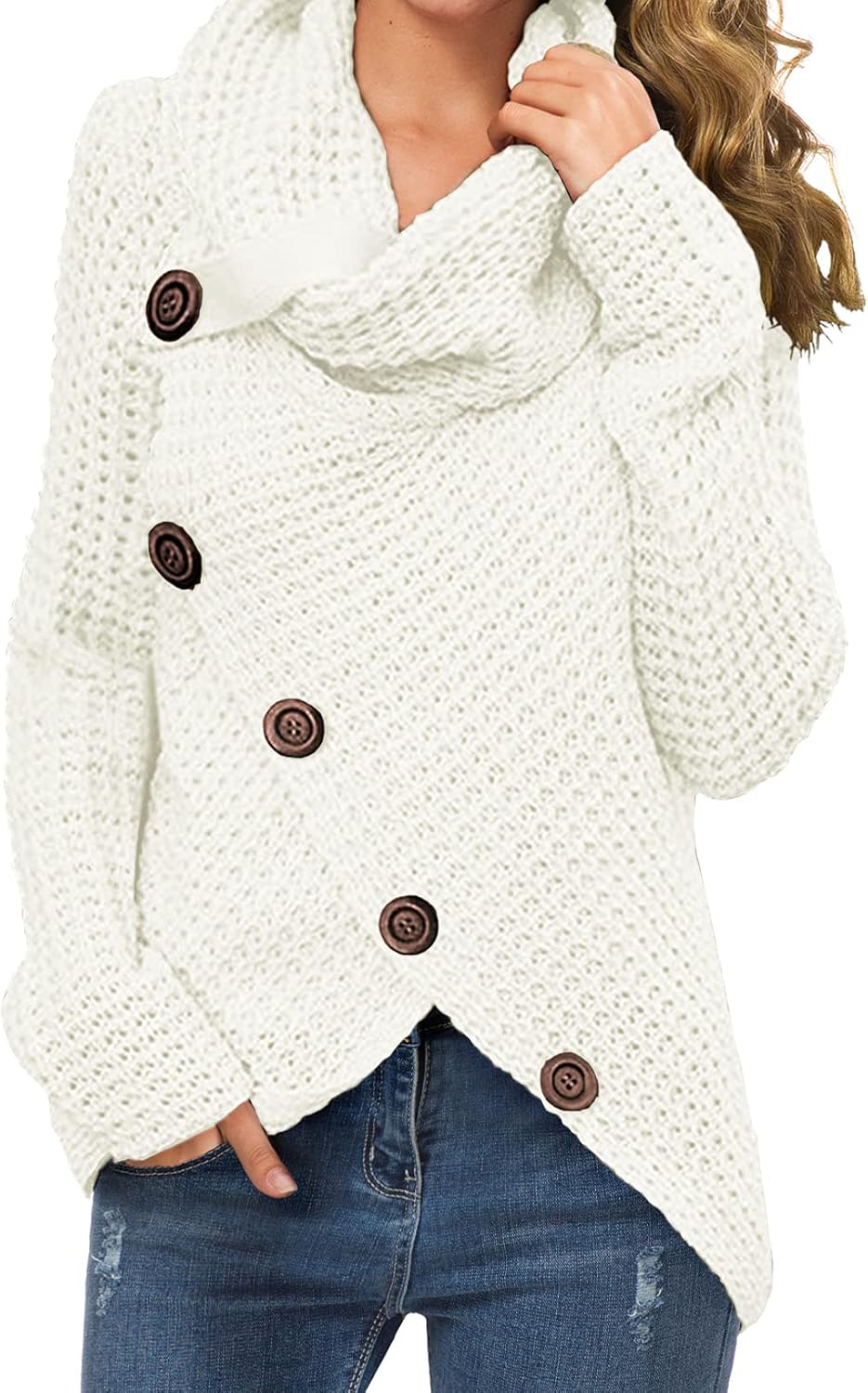 GRECERELLE Women's Fall Chunky Turtleneck Long Sleeve Asymmetric Hem Loose Knit Pullover Sweaters Tops, S-2XL