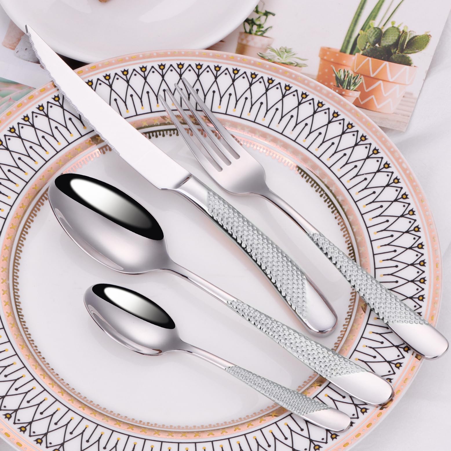 Set Posate 24 Pezzi In Acciaio Inox | Design Martellato | Per 6 Persone | Elegante E Moderno