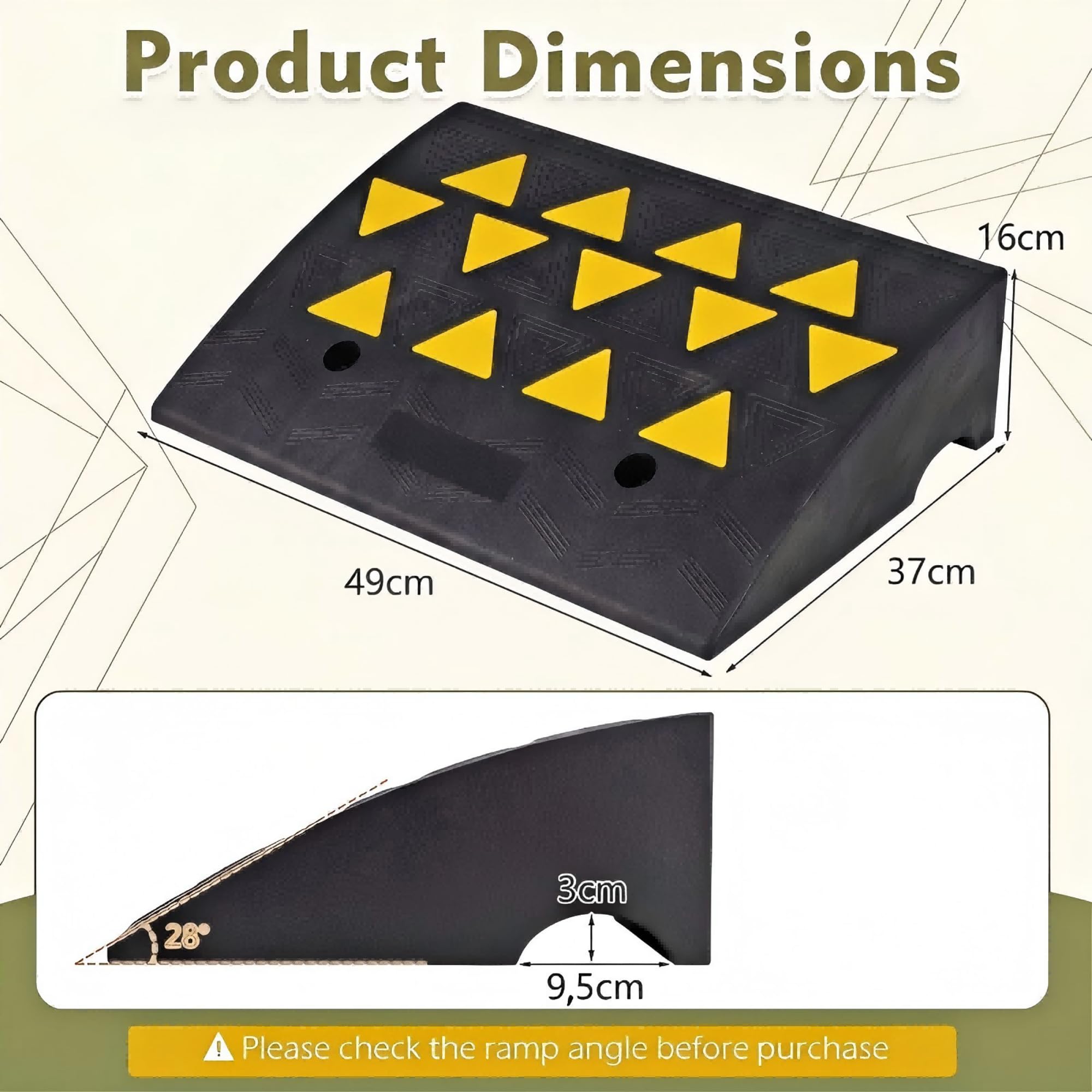 GIANTEX 2 Rampas para Coches de Goma, Rampas para Silla de Ruedas con Triángulos Reflectantes, Carga 15 Ton, Altura 13/16 cm, Superficie Antideslizante y Canal de Drenaje para Bordillos (49x37x16 cm)