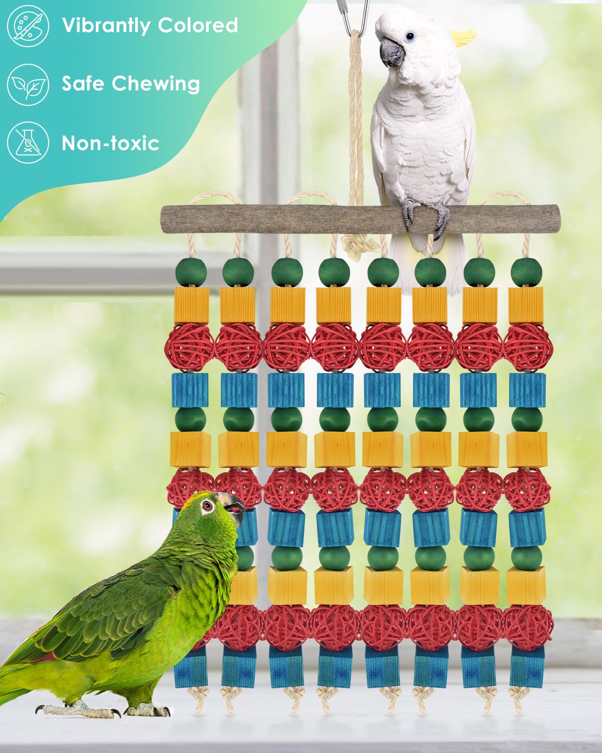 DBNESS Large Parrot Toys, 17.7 inch Multicolored Natural Wooden Blocks Beads Rattan Balls, Bird Chew and Hanging Tearing Toys for Large Medium Birds Macaws African Grey Cockatoos Amazon Parrots