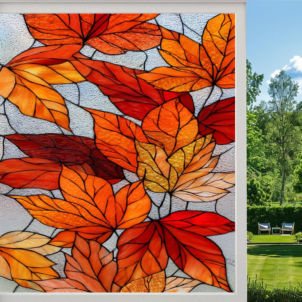 Pmlbaous Autumn Maple Leaves Frosted Window Film, Red Leaves Natural Stained Glass Privacy Film, Heat Insulation Self-Adhesive Vinyl For Bathroom Office, （45X60cm）