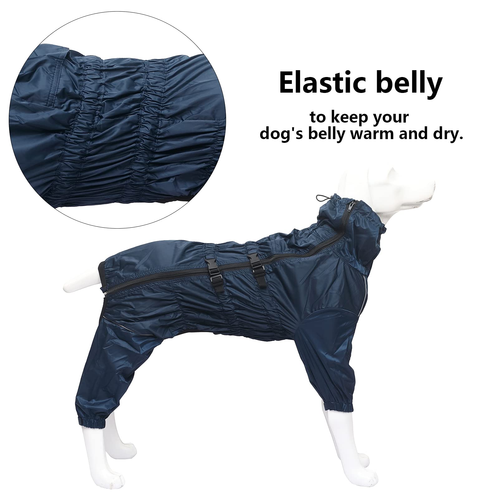 MOREZI Chubasquero para Perros de Cuatro Patas, Impermeable y Transpirable, diseño de Cremallera Trasera, con cordón Ajustable, fácil de Poner y Quitar-Azul Navy-XXL