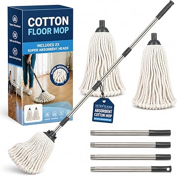 LS Cotton Floor Mop with 2 Reusable Heads & 120cm Stainless Steel Handle Looped String Design for Cleaning Hardwood Tile Marble & Vinyl Floors Suitable for Home Kitchen Office & Commercial Use
