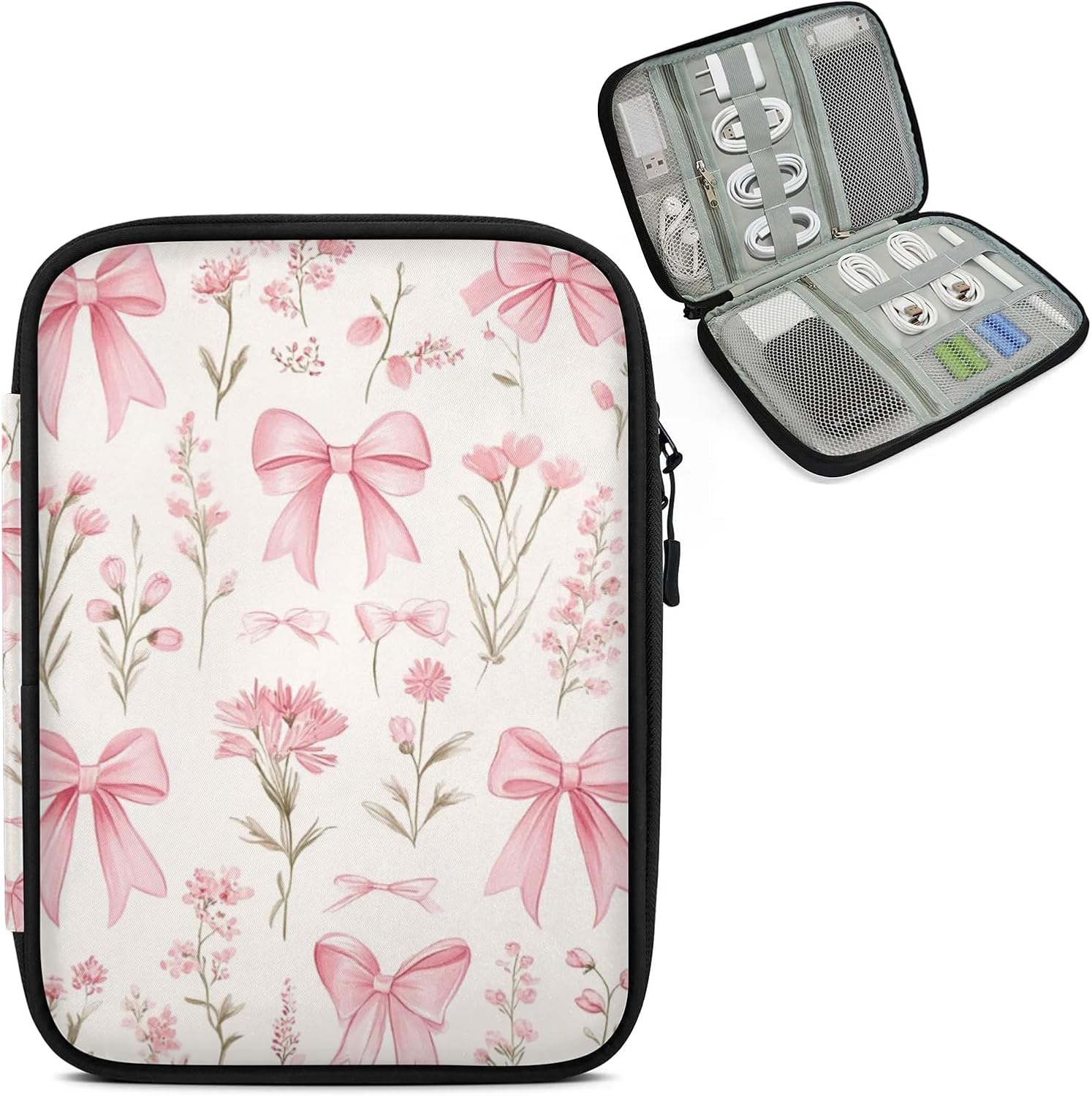 Bows Flower Travel Electronic Organizer Case, Slim Cable Management Bag for Game Console & Accessories, Portable Double Zipper Pouch with Mesh Pockets & Elastic Straps