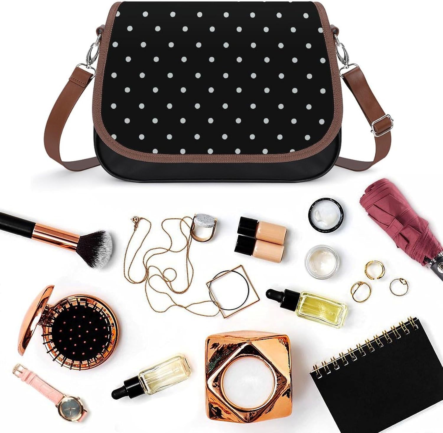 Black Polka Dot Dotted ModernWomen's Faux Leather Crossbody Bag, Waterproof Wrinkle-Resistant Shoulder Bag with Detachable Strap, Large Capacity Casual Handbag, Fashion Daily Purse for Shopping Work D