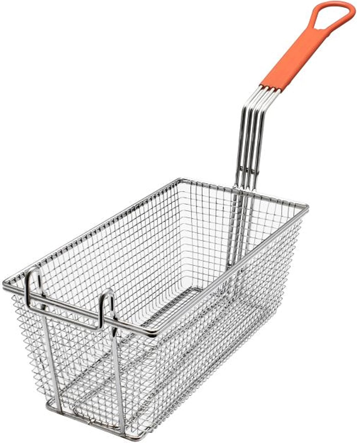 TrueCraftware-12-1/8" x 6-1/4" x 5-1/4" Rectangular Deep Fry Basket with Hook Heavy Duty Nickel Plated Iron with Orange Coated Handle - for Home and Restaurant Kitchen Frying Chips Fish Sausages