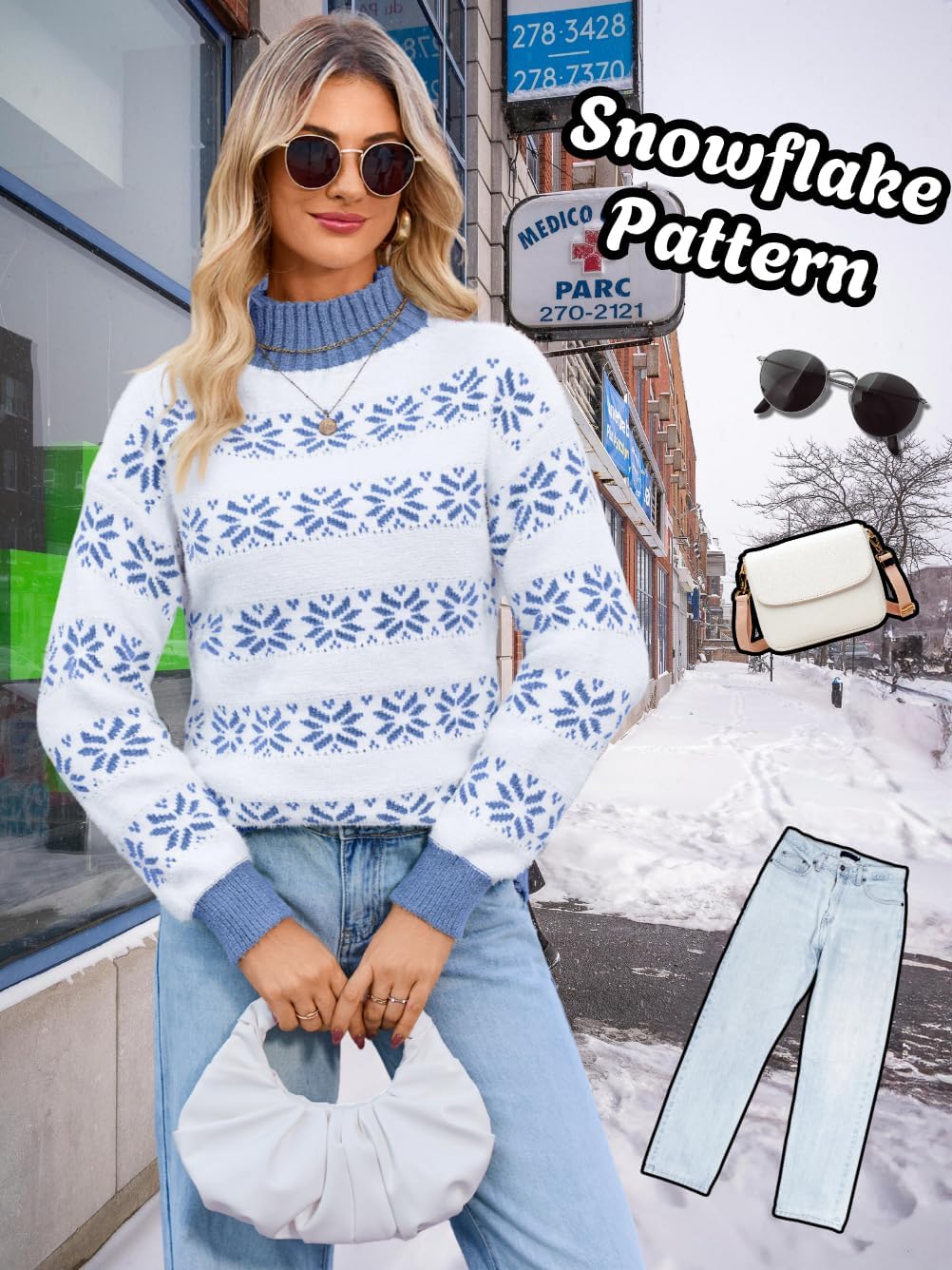Women's Fuzzy Snowflake Sweater, Mock-Neck Long Sleeve Loose Pullover, Winter Warm Knit Top for Casual & Holiday - Image 2