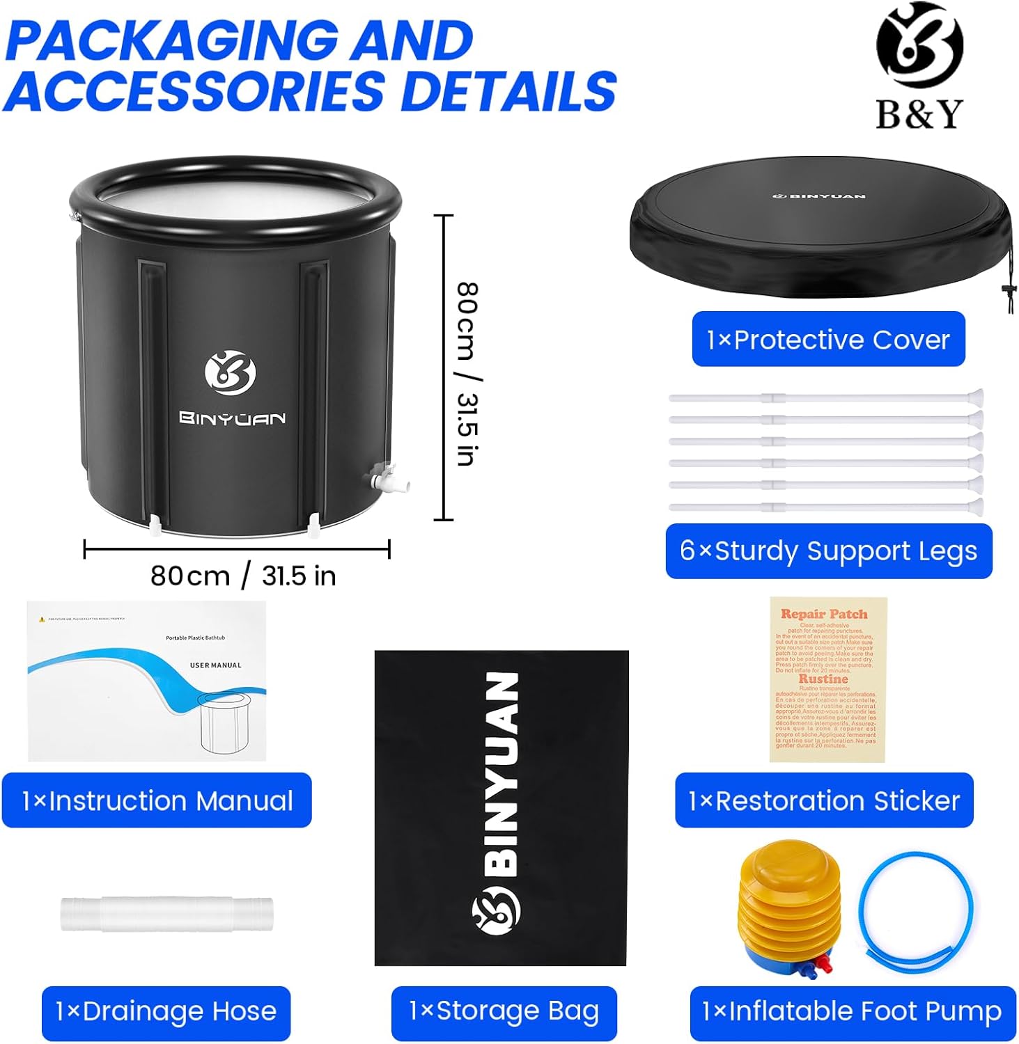 B&Y Ice Bath Tub, Ice Cold Plunge Tub Cold Water Plunge for Athletes Recovery, Multiple Layered Ice Pod Barrel, Inflatable Icebath Tub at Home (106 Gallons)