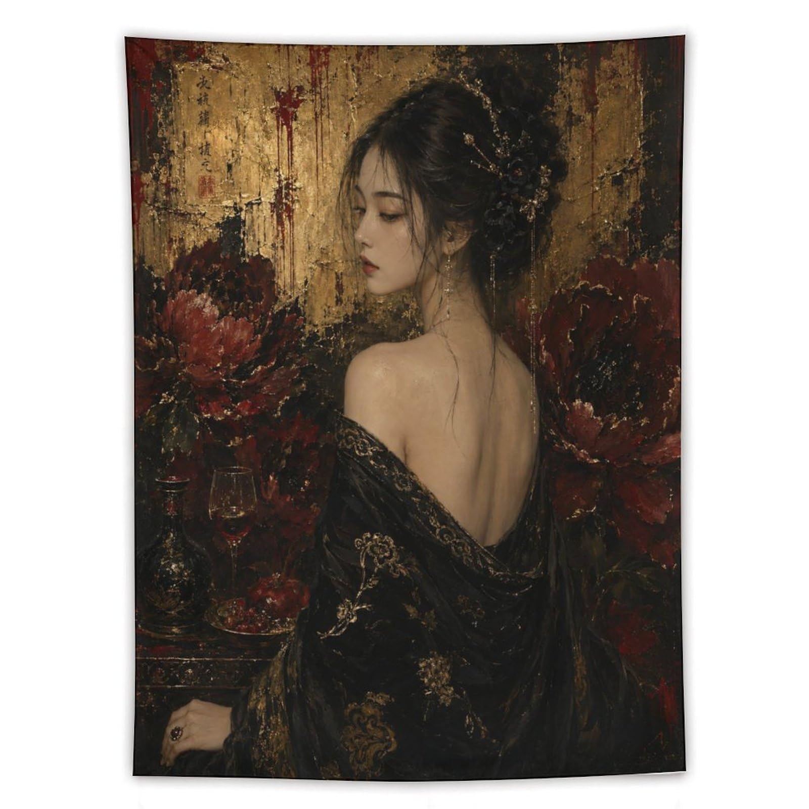 W7C8U2X3 Red Poppy Woman Oil Style Wall Tapestry, Red Floral Field