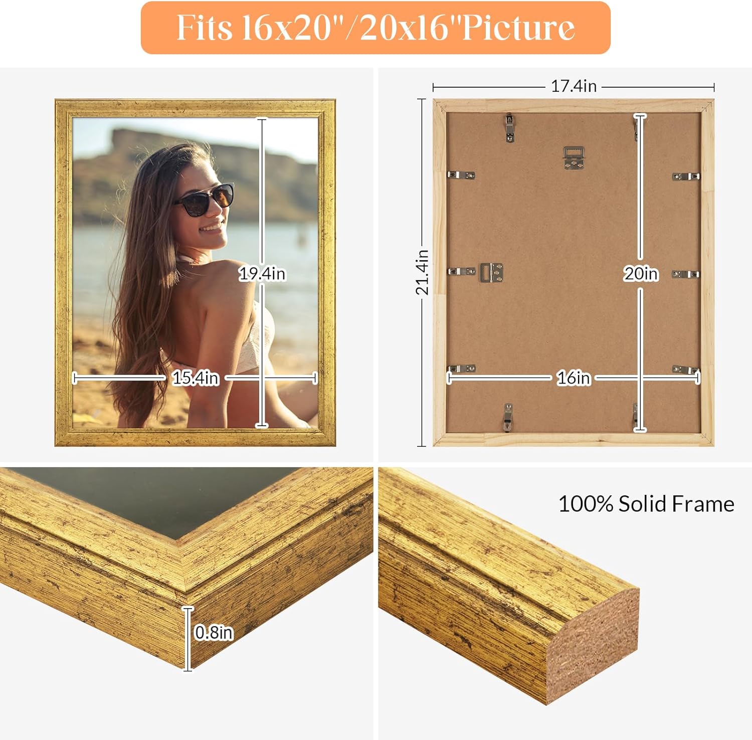 16x20 Wood Frame Gold, Ornate Natural 20x16in Picture Poster Frame, Modern Golden 16 x 20inch Gallery Wall Photo Frame with HD Plexiglass, Horizontal Vertical Wall Mounting Display 1pcs - Image 5