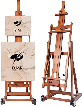 DJAR Extra Large Studio Painting Easel, Premium Walnut Beech Wood Floor H-Frame Art Easel with Silent Casters, Holds Canvas up to 198 cm