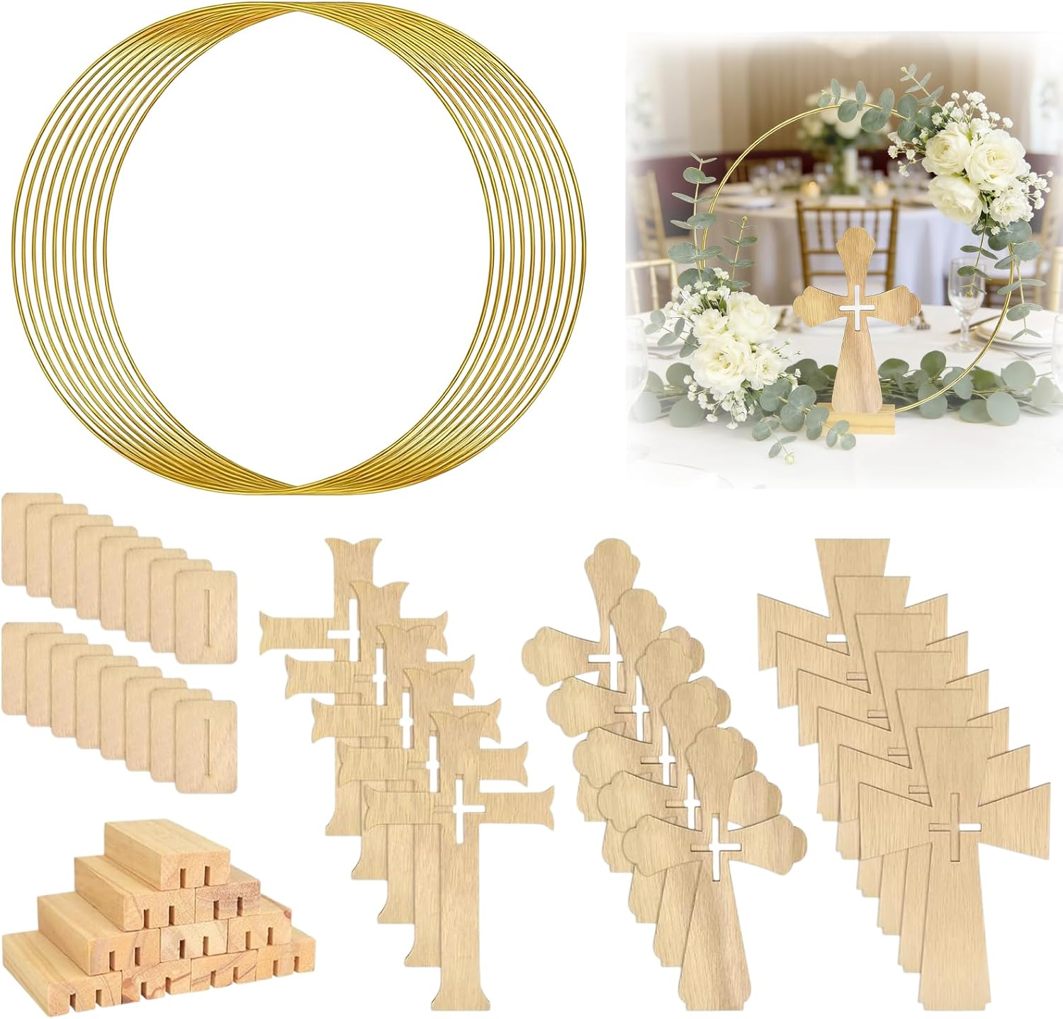 Mototo 48 Pcs Standing Wooden Cross Baptism Centerpieces Decor 16 Wooden Cross with Base 16 Gold Metal Floral Hoop with Wooden Stand Baptism Centerpiece Table Decor for Wedding Event Home Table