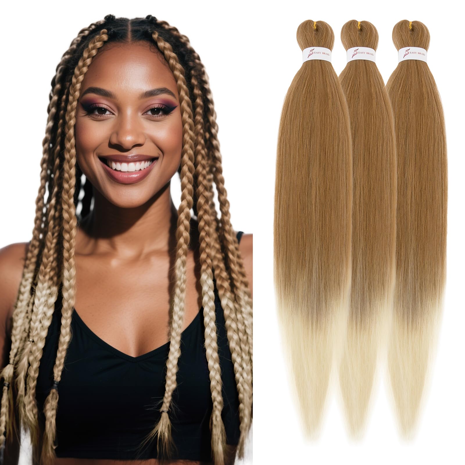 S-noilite Long EZ Braids Pre-Stretched Easy Braiding Hair Extensions for Crochet Box Twist Braids Ombre Yaki Texture Synthetic Hair Hot Water Setting,26 Inch 3 Packs 270g,Light Brown to Bleach Blonde