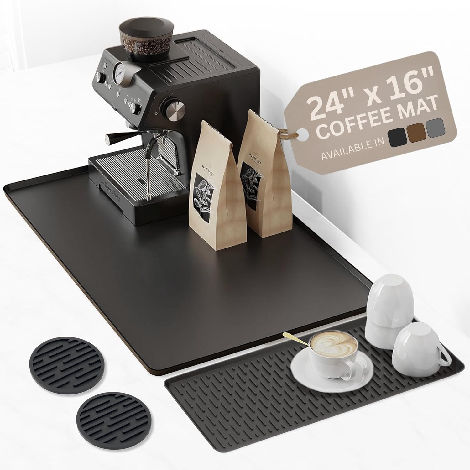 Silicone Coffee Mat 24" x 16" by Linda's Essentials - Large Coffee Bar Mat for Counter Station Accessories, Espresso Mat for Counter and Countertop with Detachable Silicone Drying Matt (Black) 24" x 16" Black