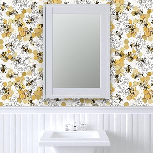 Vista 9 de Removable Wallpaper 12ft x 2ft - Honey Bees Endangered Species Animals Bee Flowers Honeycomb White Insects Custom Pre-Pasted Wallpaper by Spoonflower