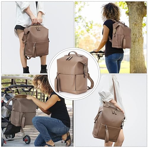 Miniatura 7 de Minsong Mochila de pañales de moda, organizador de bolsas de pañales de cuero con cambiador, mochilas de pañales de viaje para mamá y papá, Caqui,