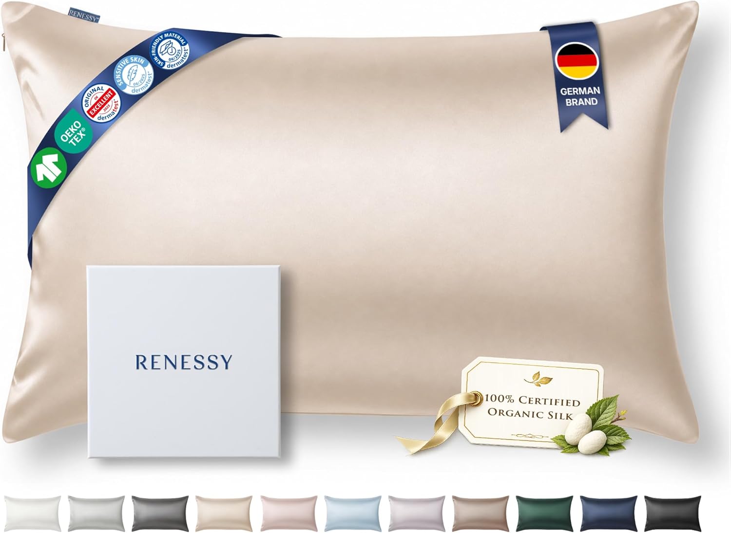 Premium Silk Pillowcase 100% Organic Mulberry Silk, 22 Momme, Grade 6A - Oeko-Tex Certified in Germany - Luxury for Hair & Skin, 1 Piece (Standard, Champagne)