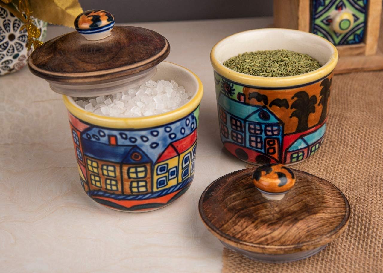 HS HINDUSTANI SAUDAGAR Hueheaven Ceramic Airtight Jar Set Of 2(300 ml Each) Multipurpose Container Salt Sugar Spices Ceramic Jar with Lid Chutney Jar Dining Table Ideal For kitchen storage Gifting.