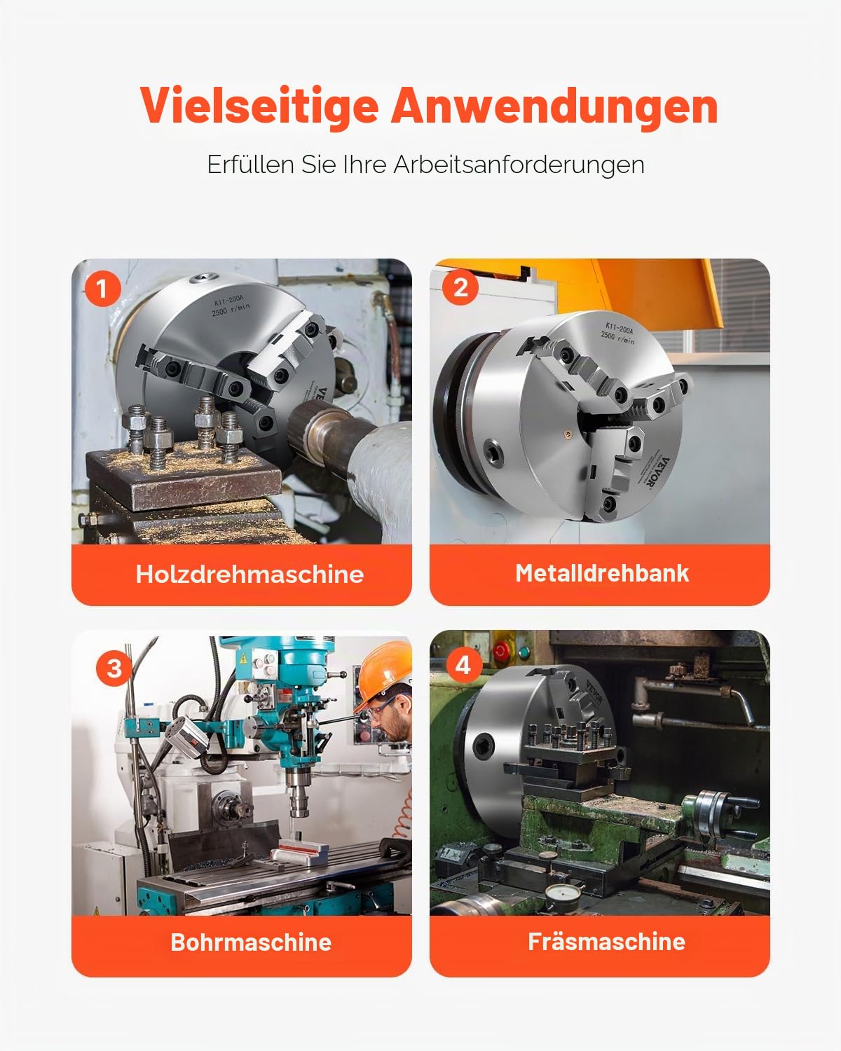 VEVOR 3-Backen-Drehfutter, φ200 mm, Spannfutter mit 57,15-mm-8-Gewinde-Trägerplatte, 4-200 mm Spannbereich mit T-Schlüsselschrauben, HT300-Material, für Holz-Metall-Drehmaschinen