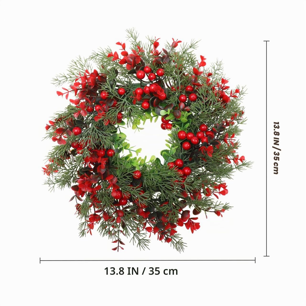 Weihnachtskranz für Tür, Adventskranz, Weihnachtsdeko für Außen und Innen, Künstlicher Kranz aus roten Kiefernnadeln（ 14 Zoll）