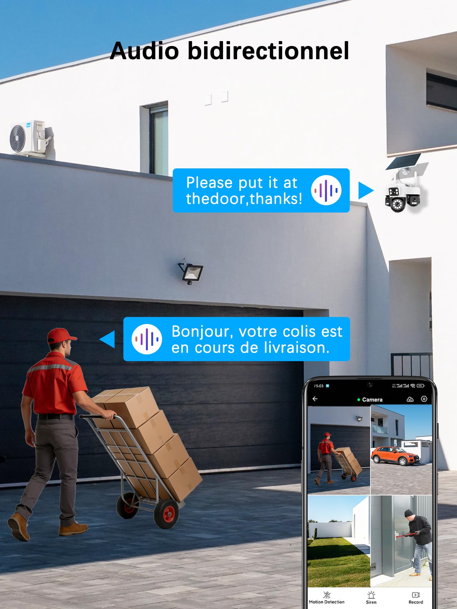 12MP Camera Surveillance WiFi Exterieure sans Fil,AOV 24/7,Quatre objectifs/Camera Solaire/Batterie,Suivi Automatique,360° PTZ,Vision Vocturne,Audio Bidirectionnel,PIR Sirène,étanche,2.4/5G WIFI,IP66