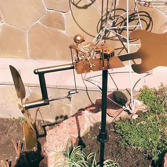 Handmade Metal Drummer Windmill, Percussionist Musical Figure and Statue, Dynamic Garden Spinning Punk Drummer/Guitarist, Windmill Garden Decor (Silver, Drummer)