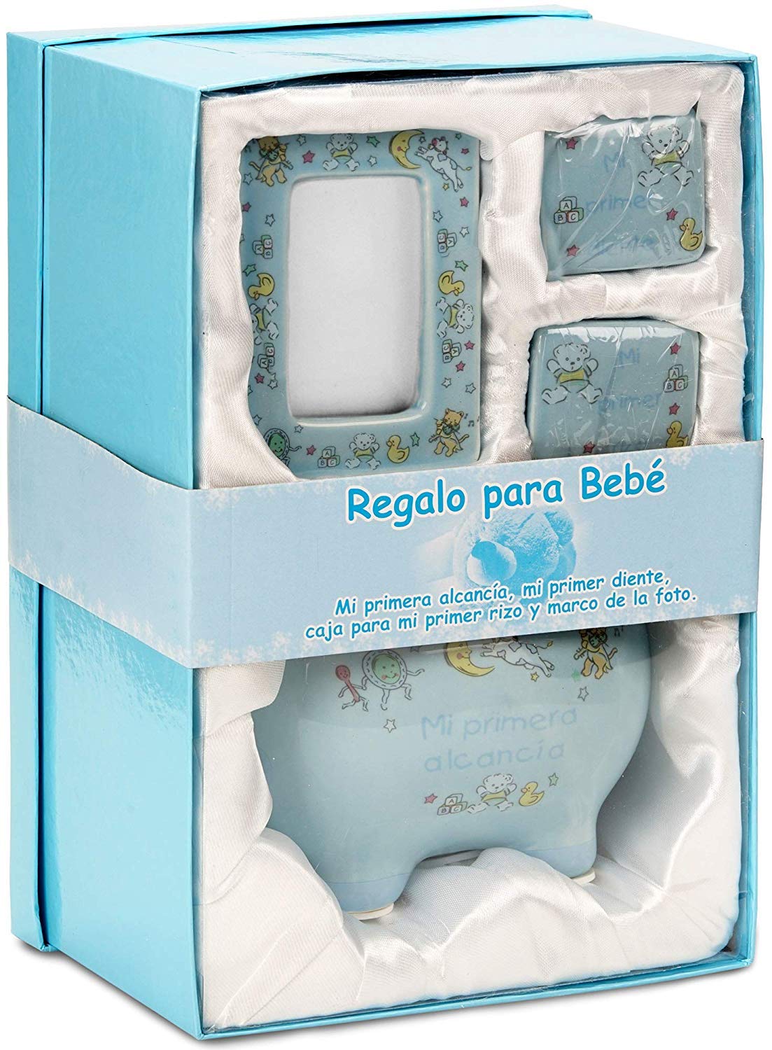 BRUBAKER Mein erstes Sparschwein - Geschenkset für erstes Spargeld, Milchzähne, Haare inkl. Bilderrahmen - Baby Geschenk für Taufe und Geburt - Blau - Spanisch