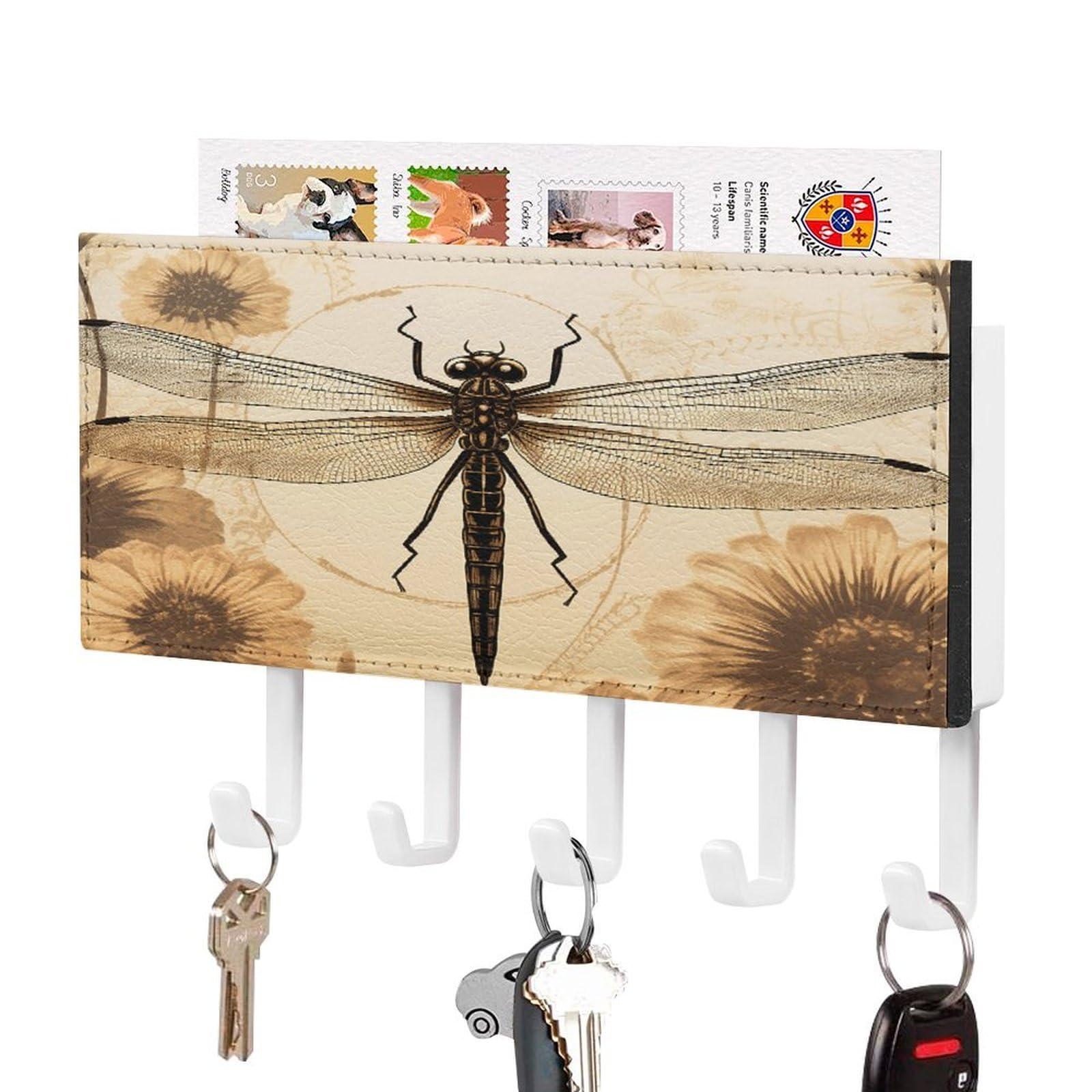 FekiLoot Dragonfly on Sunflower Key Holder Wall Mount Key Hanger with 5 Hooks Decorative Key Rack Hanging Key Hooks with Mail Organizer Key Holder for Wall Living Room Kitchen Bathroom Hallway White