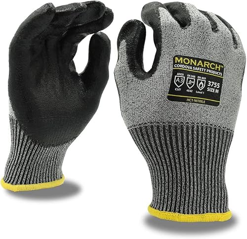 Cordova 3755L Monarch-Hct: 13-Gauge Gloves, Gray High Performance Shell, Black Hct-Nitrile Palm Coating, Ansi Cut Level A3, Large #TOP1