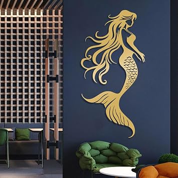 Mermaid Metal Wall Art, Large Mermaid Metal Wall Decor, Nautical Wall Decor, Coastal Wall Art, Ocean Sirena Silhouette Wall Hanging, Elegant Decorations for Bathroom, Outdoor Gold, 30"x15"/76x37cm