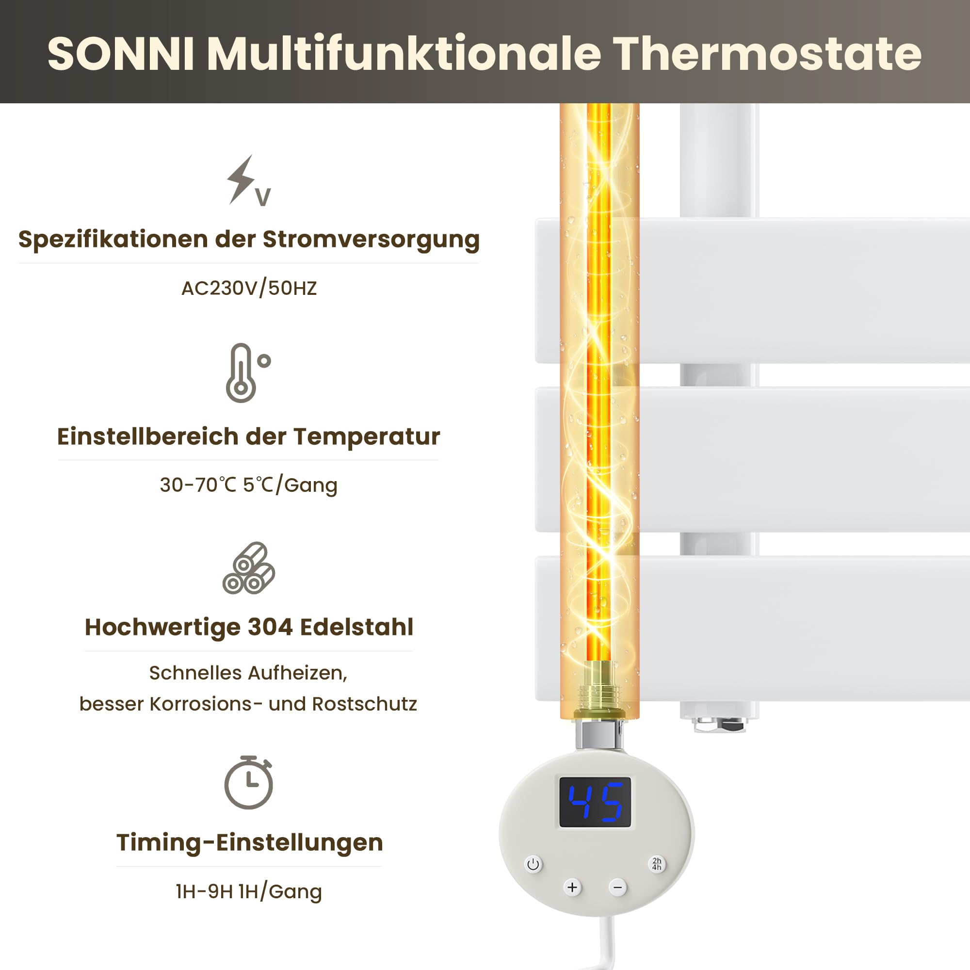 SONNI Barra riscaldante con termostato da 800 W, bianca, asta elettrica per termosifoni da bagno, elemento riscaldante per riscaldamento, tubo di riscaldamento in acciaio inox con regolatore di