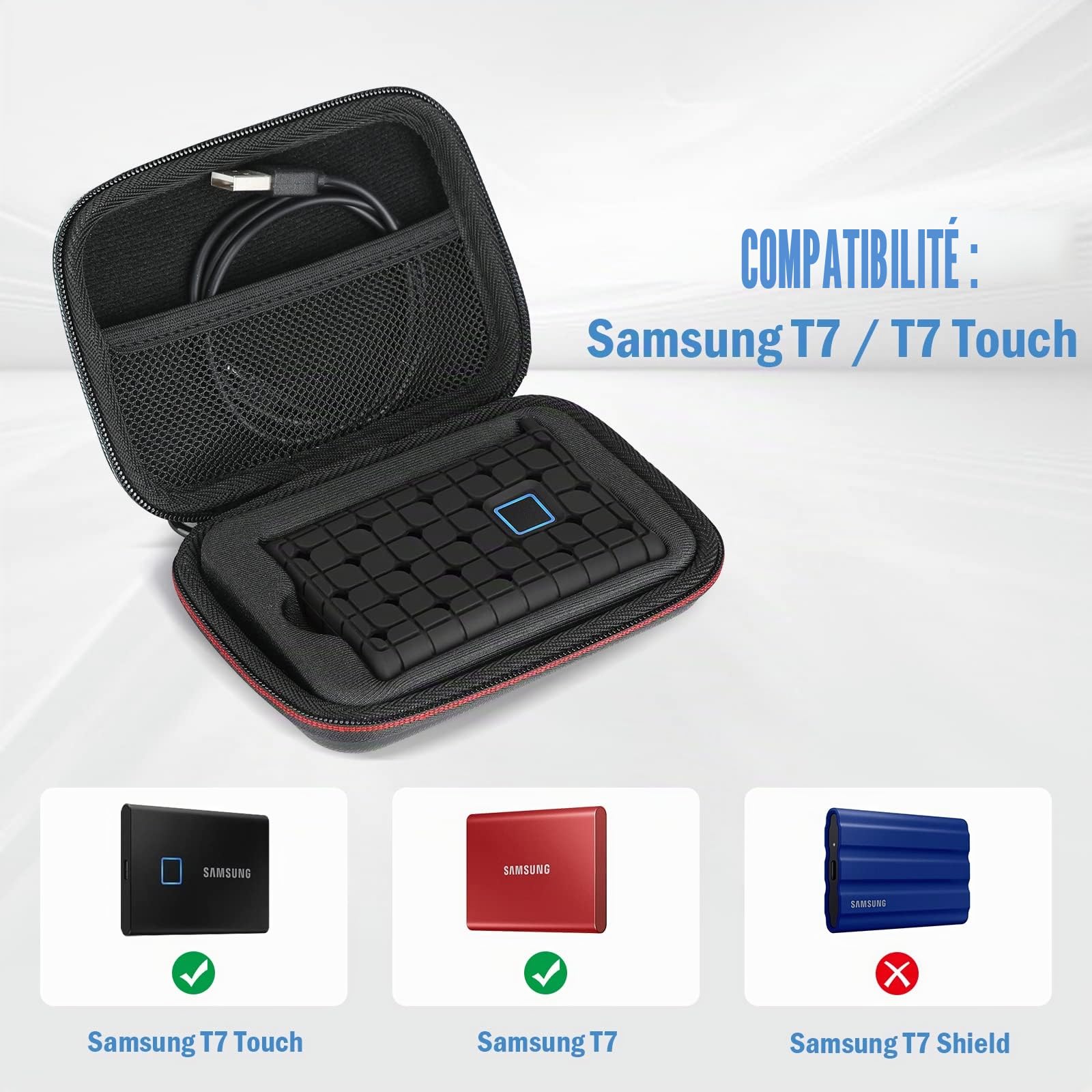 ProCase Étui SSD Samsung T7 T7 Touch Silicone Housse Voyage Portable Externe Coque Rigide Poche Filet Noir