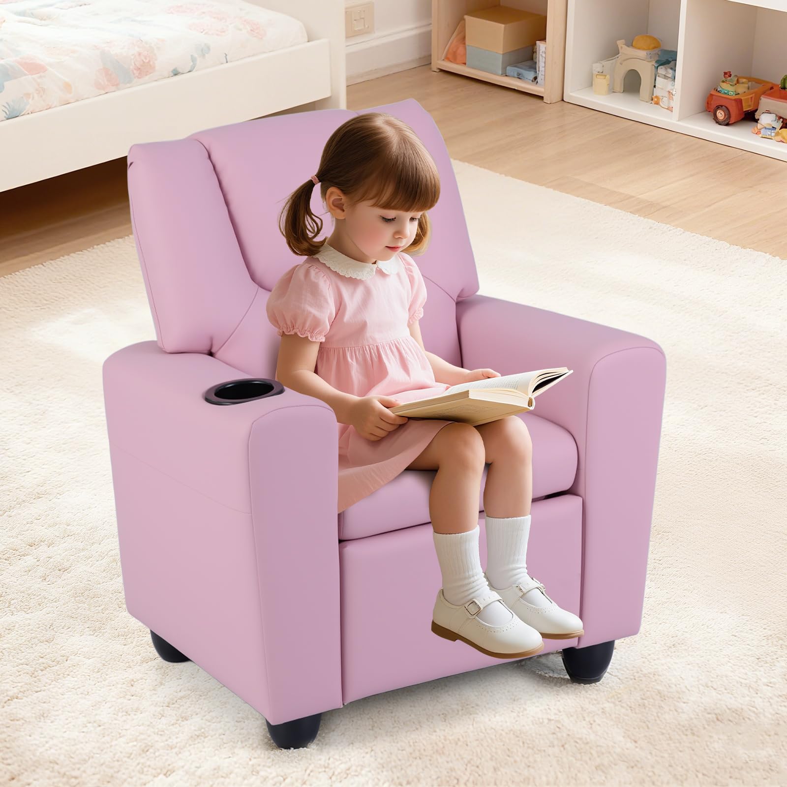 COSTWAY Sillón Reclinable para Niños, Sillón Reclinable con Portavasos y Reposapiés Ajustable para Sala de Estar y Área de Juegos, Silla para Niños de 3+ Años (Rosa)