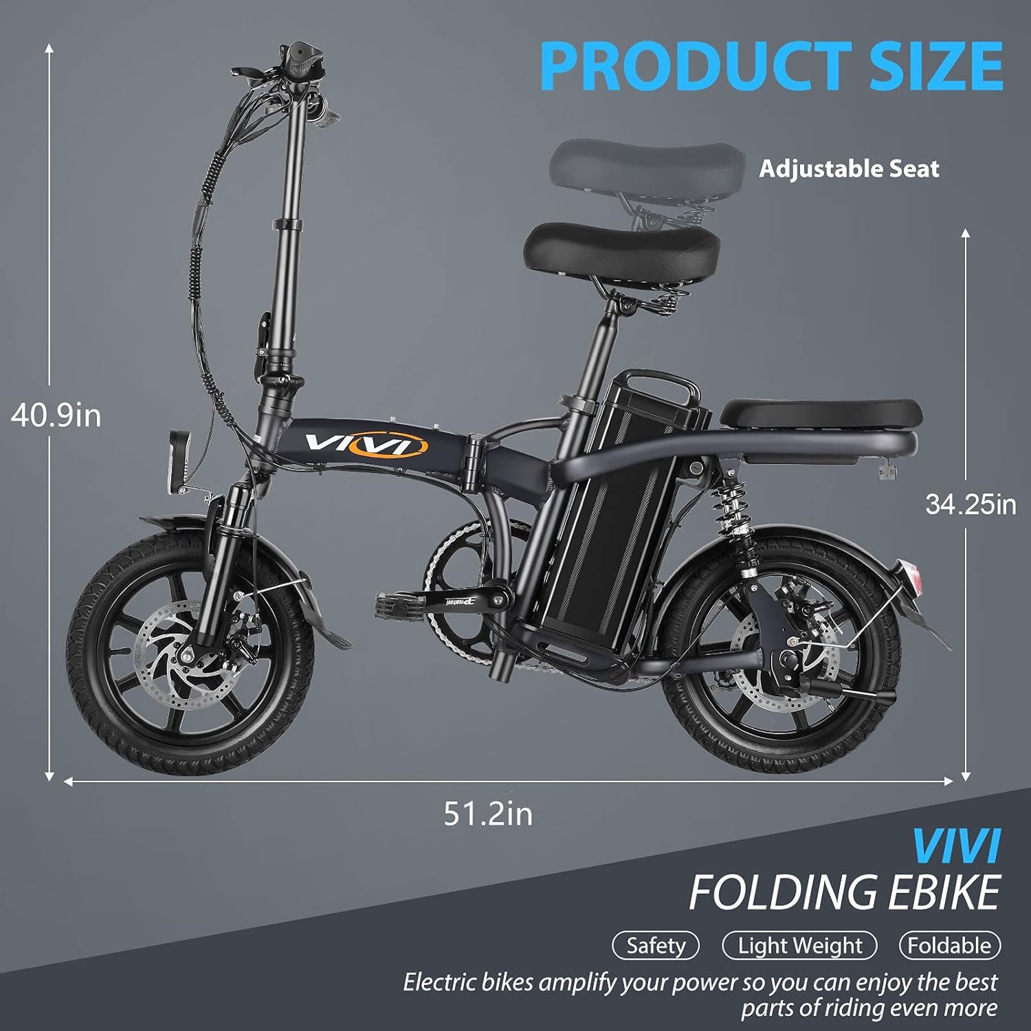 Diagram showing the dimensions of the Vivi Z8 Folding Electric Bicycle when unfolded.
