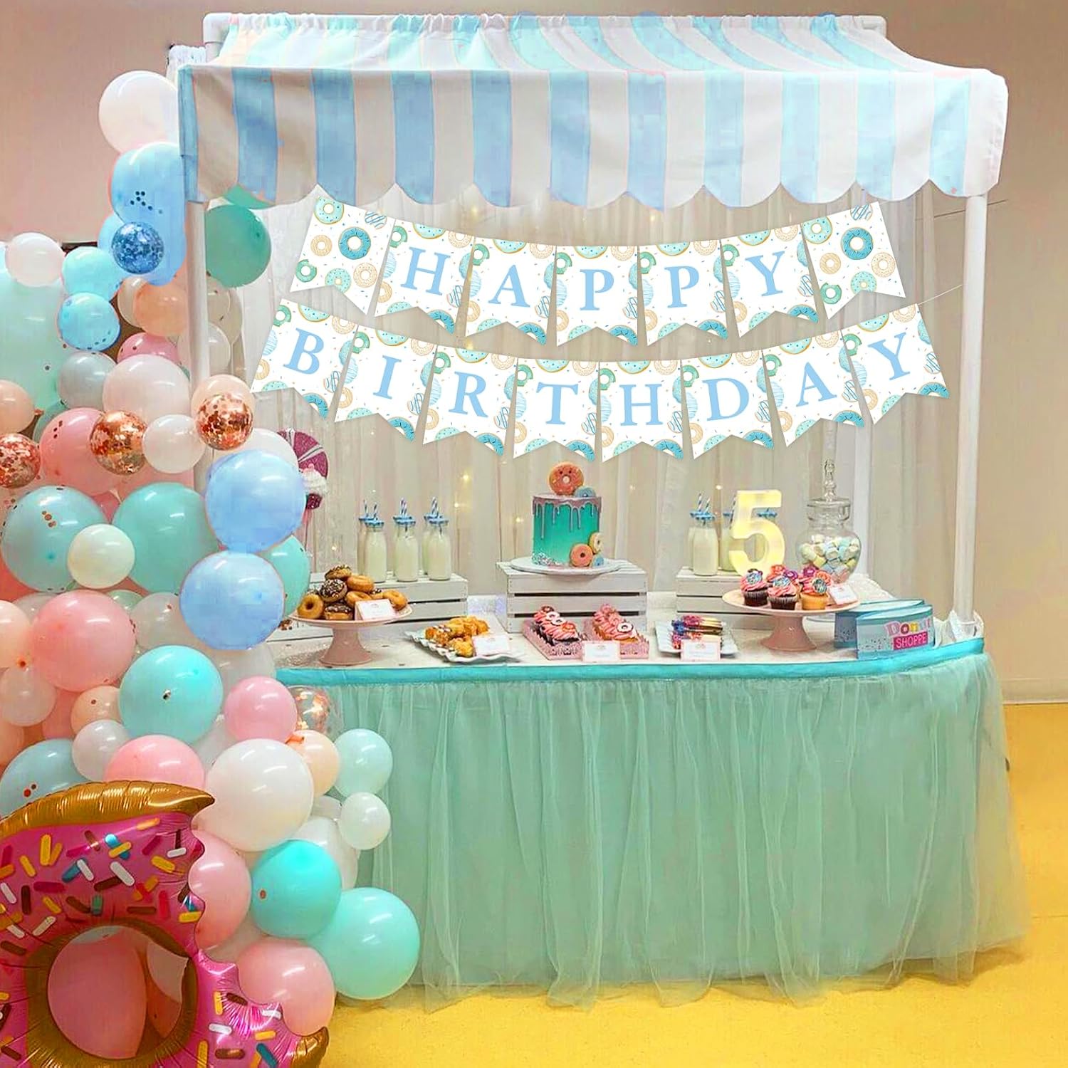 Blue Donut Happy Birthday Banner - Boy's Birthday Decoration, Assembled Durable Bunting Sign
