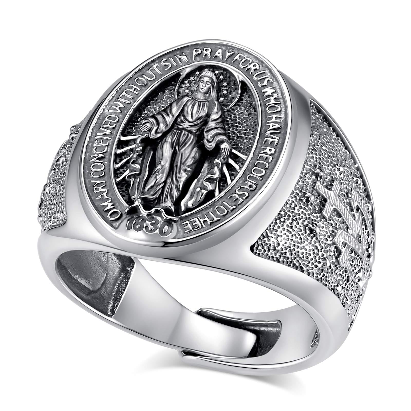 Anillo Virgo María para Mujer Hombre Plata de Ley S925, Ajustable María María Anillos Abiertos Joyas Religiosas Regalo para Hombres Mujeres