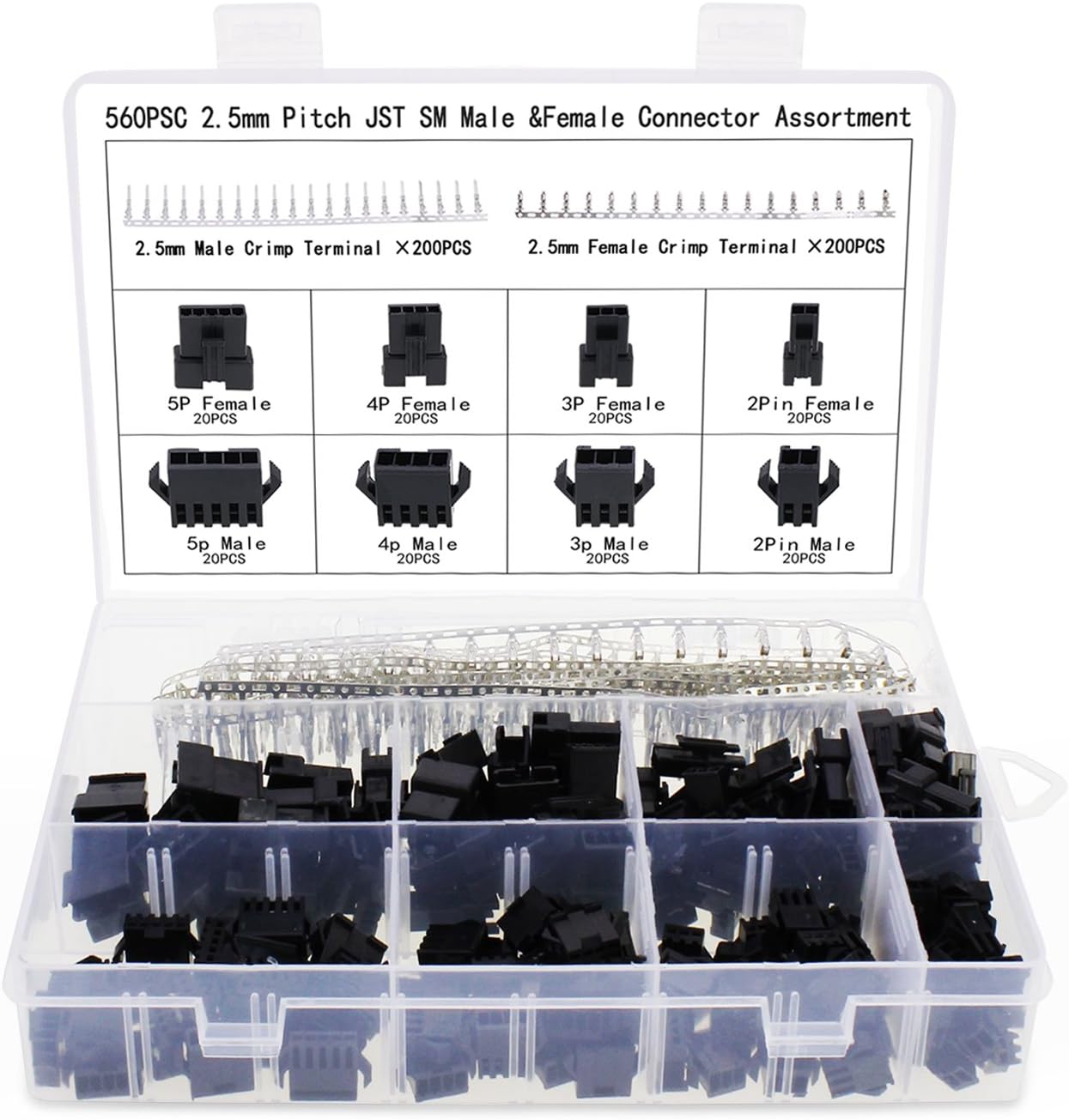 2.5mm Pitch JST SM Connector 2 3 4 5 Pin Male/ Female Housing Plug Connector Assortment Kit 560Pcs
