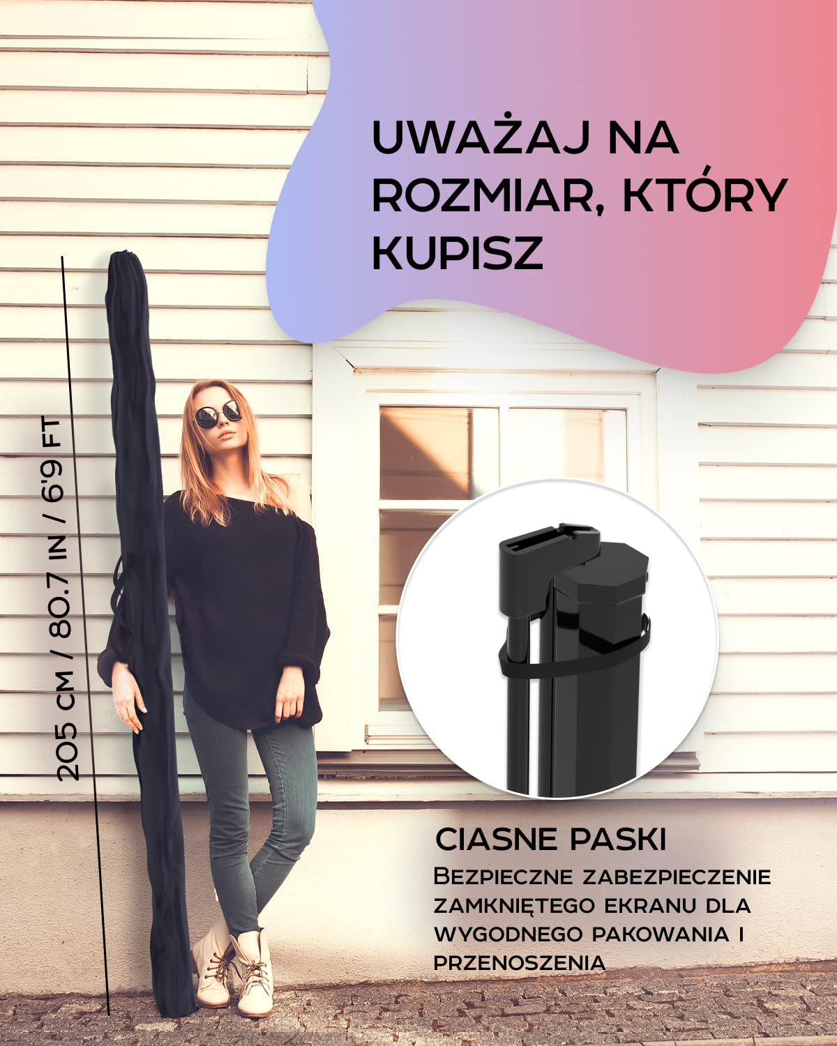 PropVue Ekran projektorowy z podstawą 84" - Ekran projekcyjny do wewnątrz i na zewnątrz do prezentacji filmowej lub biurowej - 16:9 HD Premium bez zmarszczek z statywem i mocnym paskiem, z torbą