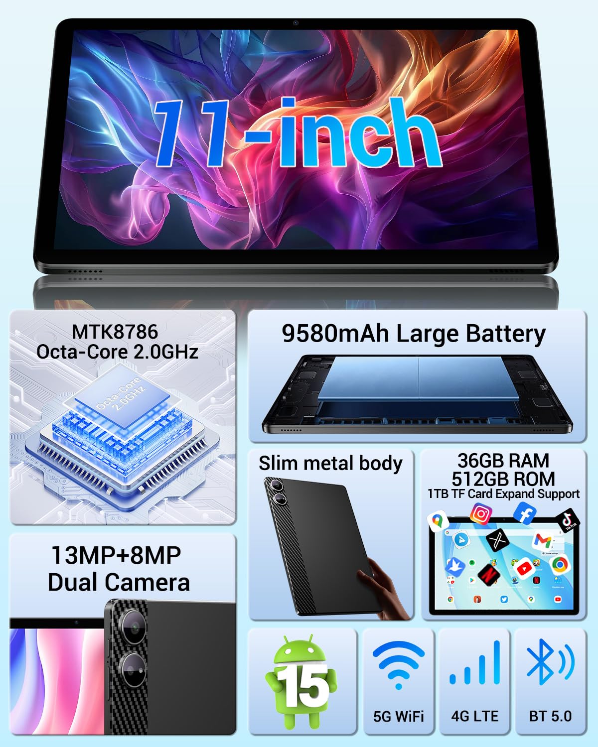 Tablet Touchscreen 11 Zoll, Android 15, 36 GB RAM 512 GB ROM/1 TB, 4G LTE Dual SIM + WiFi 5G, Octa Core, Gemini AI, 13 MP + 8 MP, 9580 mAh, GPS, Tablet mit Tastatur/Kopfhörer/Maus/Schutzhülle