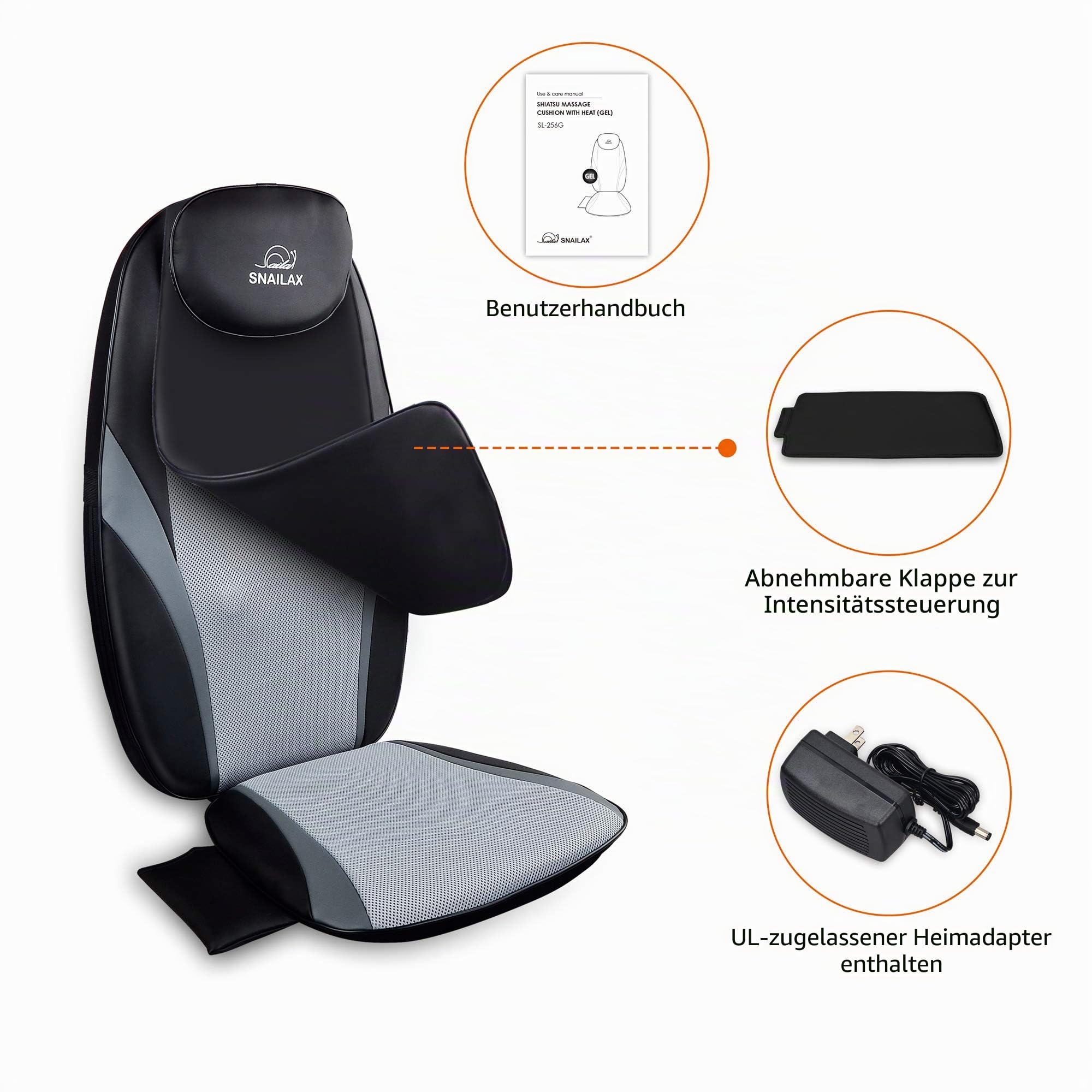 Snailax Massageauflage mit Gel-Massageknoten, Shiatsu Massagesitzauflage für Nacken und Schulter, Rückenmassaggerät mit Wärme, Geschenk