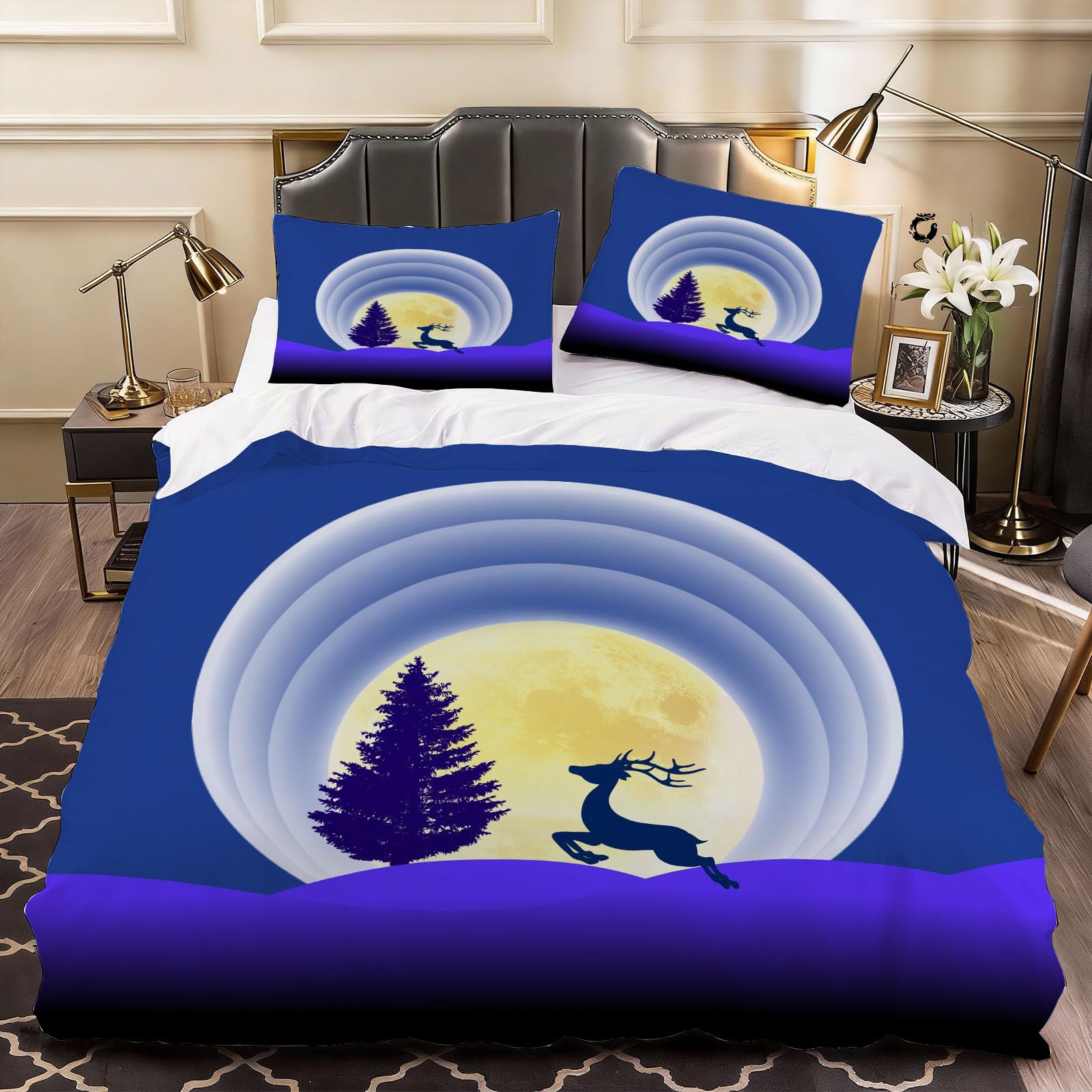 3D Deer Duvet Cover Moon Bedding Double Bed Set, Soft Microfiber Comforter Cover Printed with Zipper Closure Quilt Coverr 200x200 cm and 2 Pillowcases