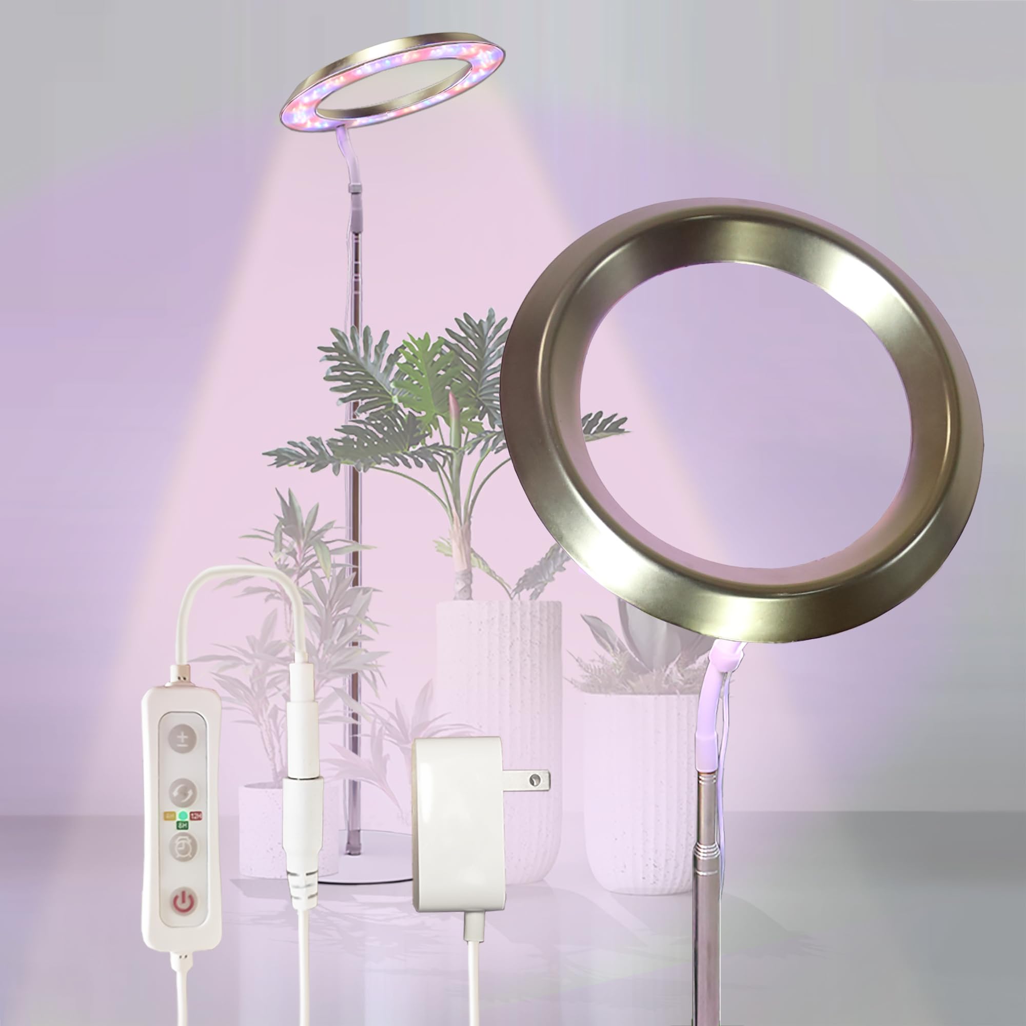 Qux 10” Halo Pro Grow Light,Full Spectrum LED Freestanting Plant Grow Lamp with 3 Kind of Light Colors switchover & 10-Level Dimmable,Auto On Off